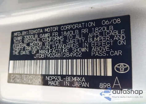 2008 Toyota Yaris from USA, damaged, VIN JTDBT903481284902